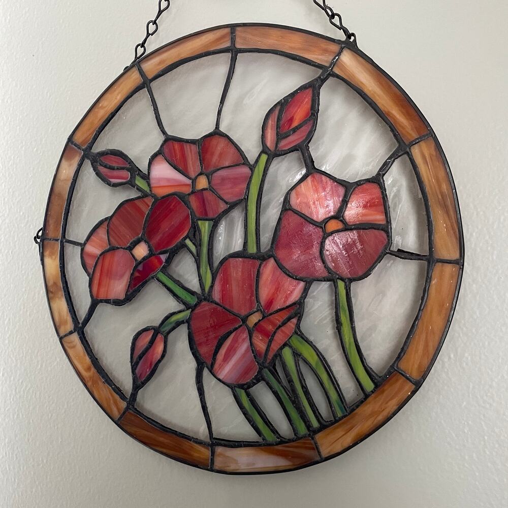 Vintage Round 12" Stained Glass Poppy Flower Suncatcher - Handmade Glass - Picture 4 of 9